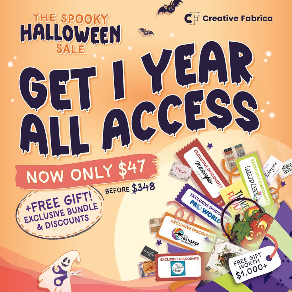 Creative Fabrica's Halloween sale, offering 1-year all-access for $47, with free gifts and discounts.