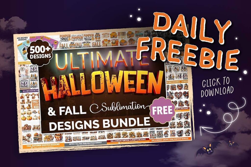 Promotional image for a Halloween and fall sublimation designs bundle. Text highlights "Daily Freebie" and "500+ Designs," with a "Click to Download" button.