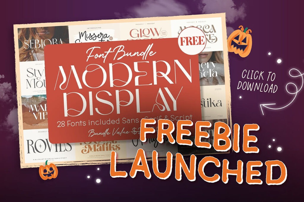 Promotional image for a modern display font bundle with a "FREEBIE LAUNCHED" text, featuring Halloween-themed graphics and a "Click to Download" button.