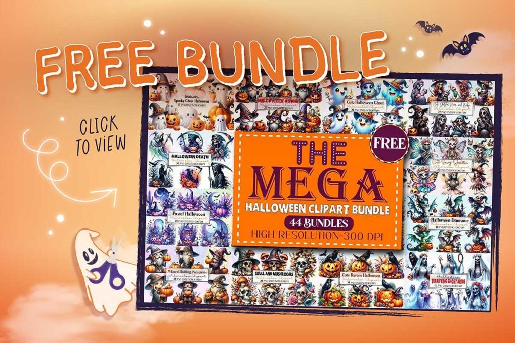 Halloween clipart bundle advertisement featuring 44 bundles, with text highlighting "Free" and "High Resolution - 300 DPI," surrounded by Halloween-themed graphics.