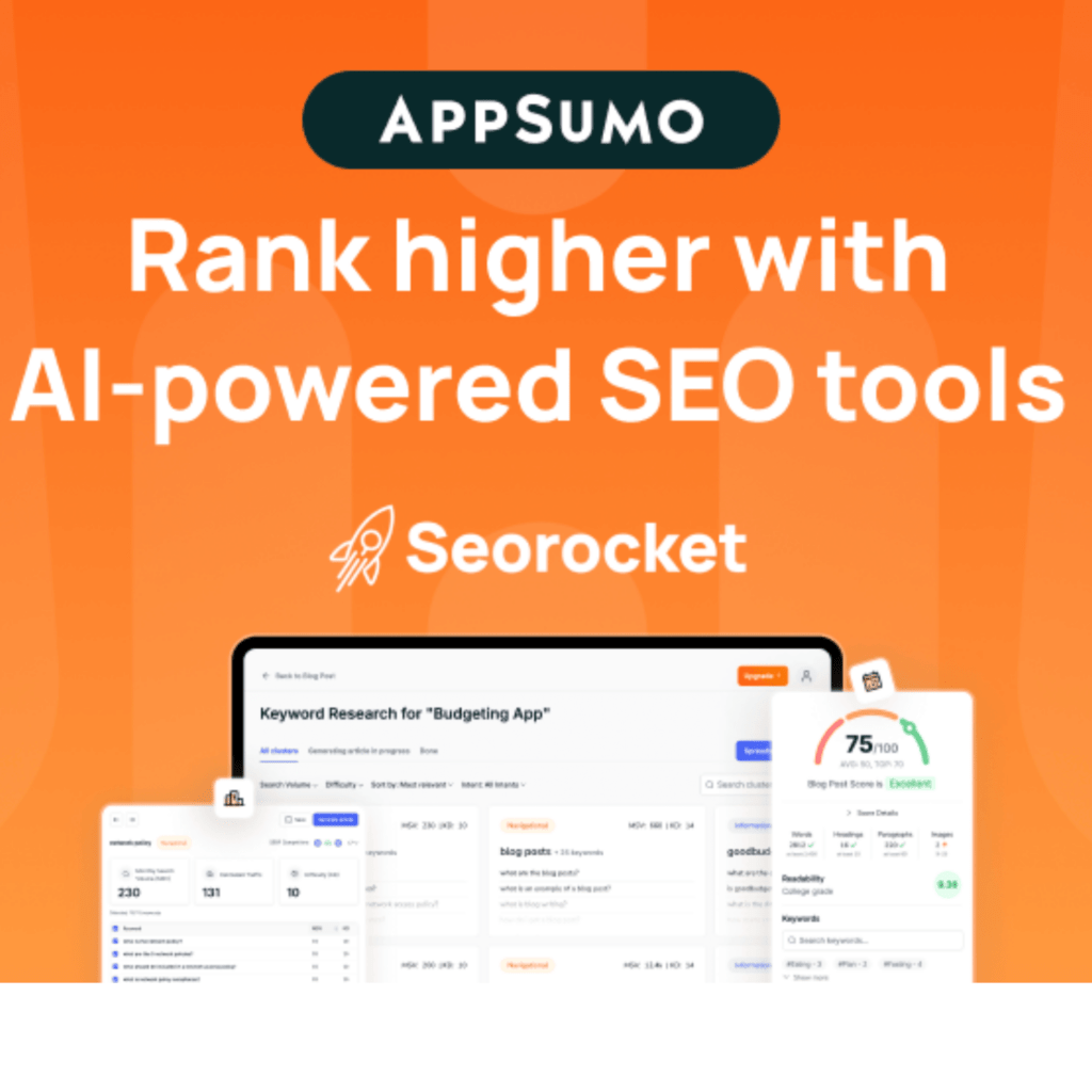 AppSumo ad for Seorocket featuring AI-powered SEO tools, screenshots of keyword research, and SEO metrics.