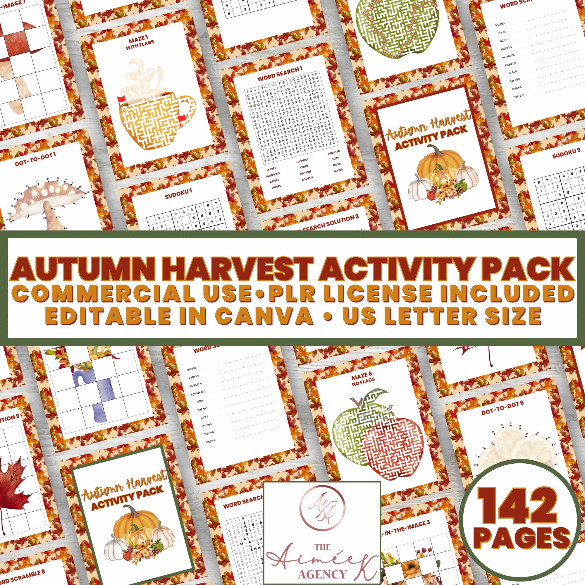 Collage of pages from the "Autumn Harvest Activity Pack," including puzzles and activities with autumn-themed designs. Commercial use PLR license available, 142 pages, editable in Canva.