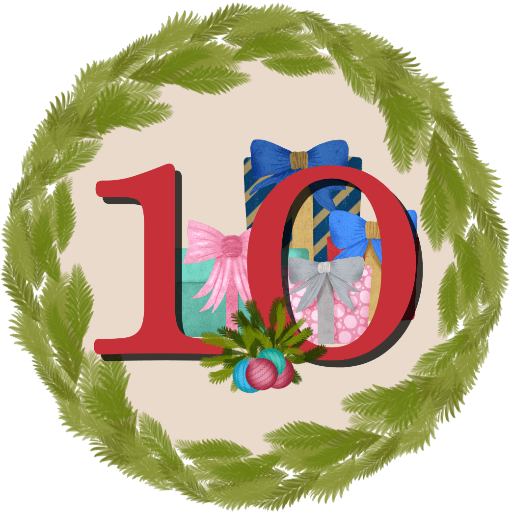 Number 10 in red with stacked gift boxes wrapped in various patterns and colors, surrounded by a green fir wreath and two festive ornaments at the base.