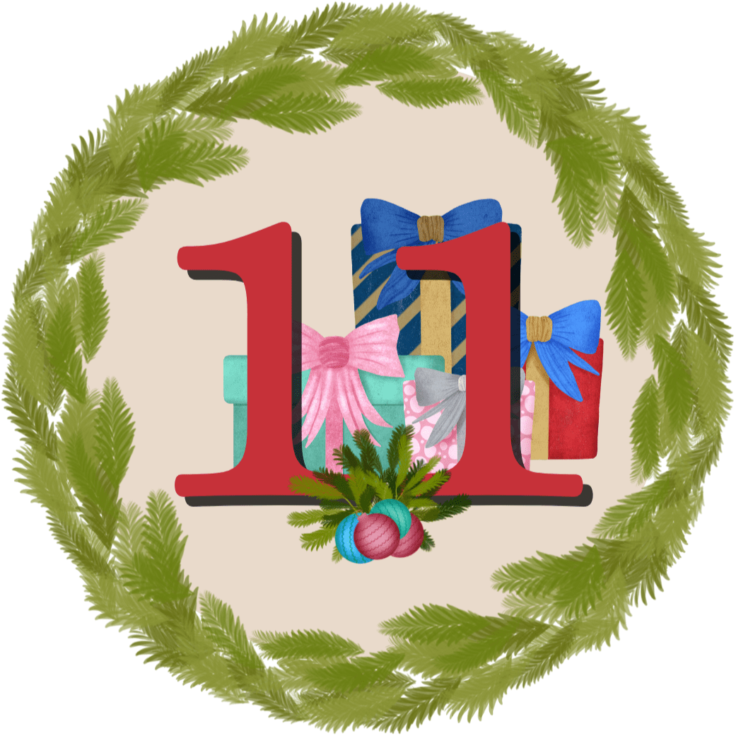 A large number "11" with colorful wrapped gifts and bows is centered within a green holiday wreath.