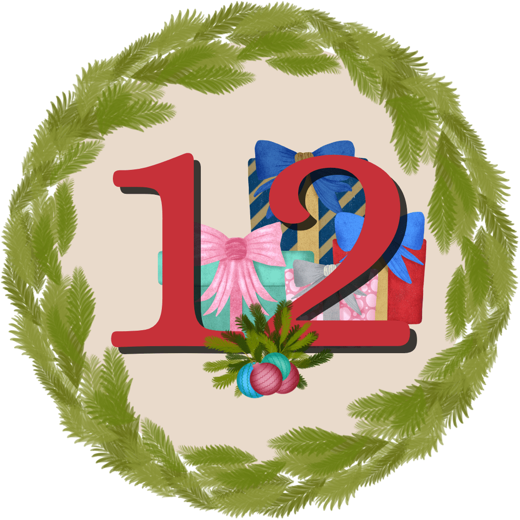 Number 12 inside a wreath, surrounded by gift boxes with bows.