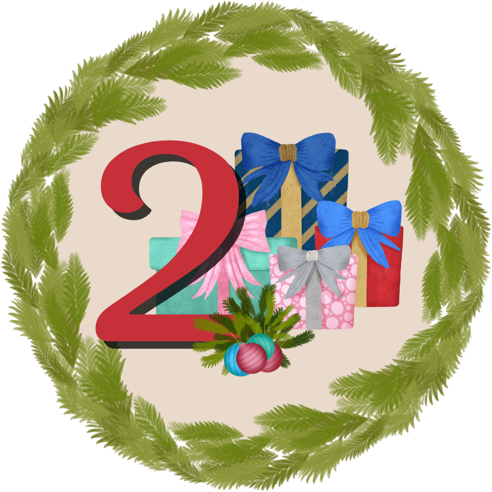 A green wreath surrounds the number 2, adorned with four wrapped gifts in colorful paper and bows, and three festive ornaments at the base.