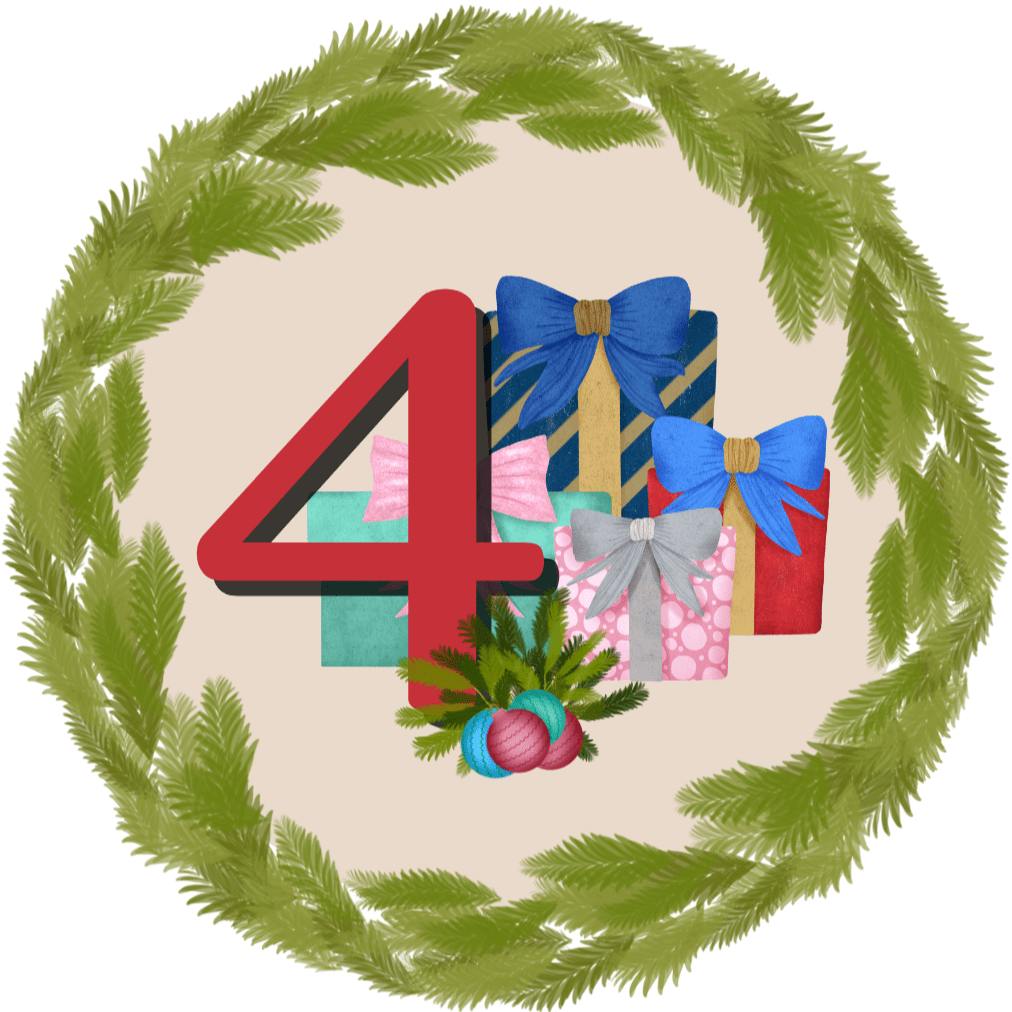 Number 4 in red surrounded by wrapped gifts with colorful bows inside a green wreath, decorated with ornaments and pine branches.