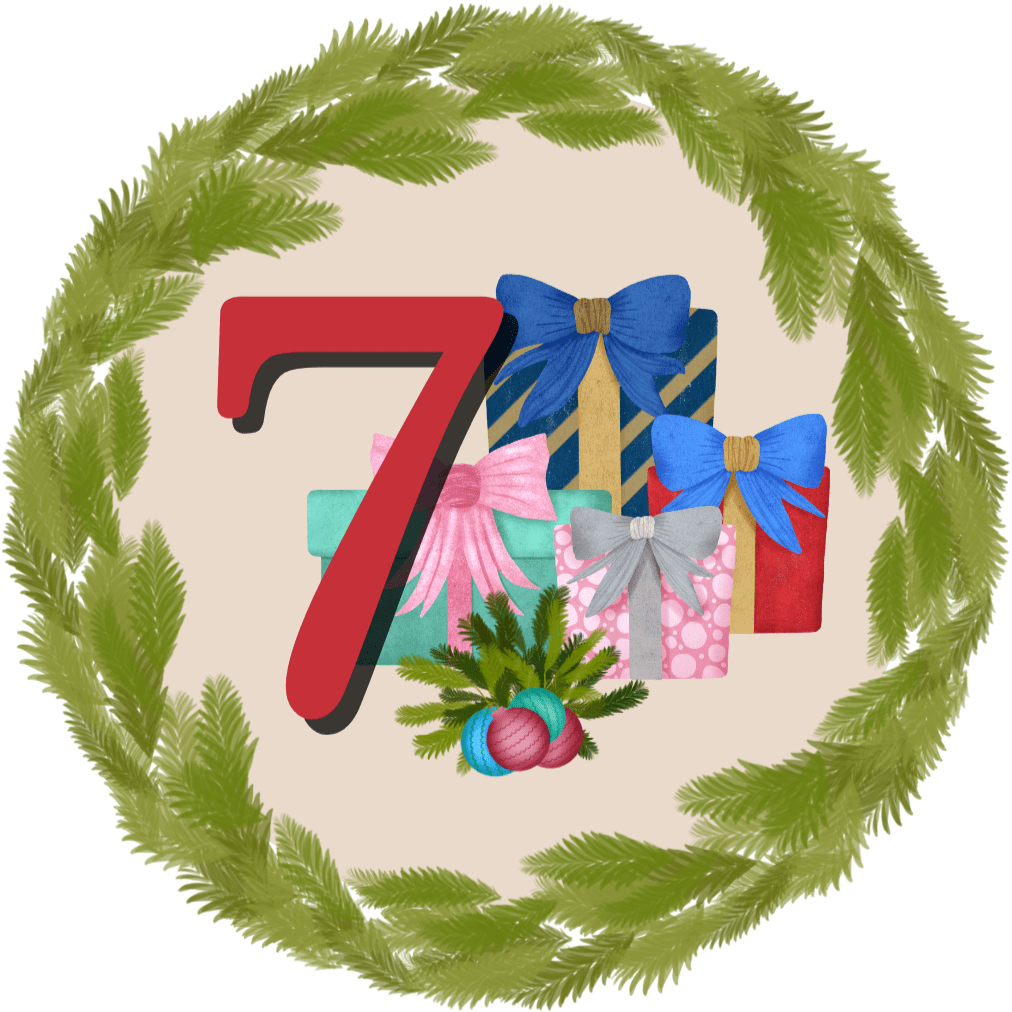 Illustration of a red number 7 surrounded by a green wreath, with wrapped gifts and ornaments below.