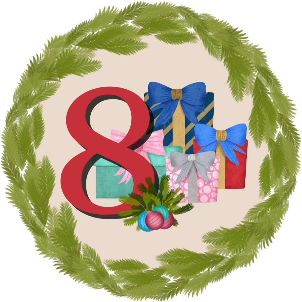 A wreath encircles the number 8 with a cluster of four wrapped gifts and Christmas ornaments.