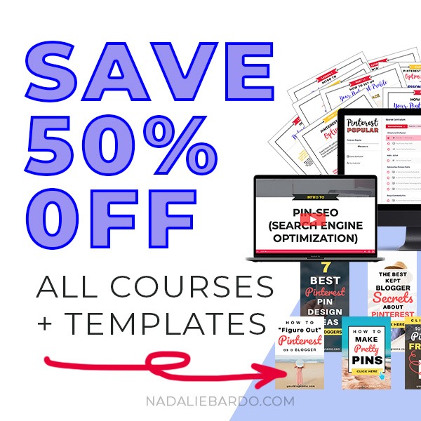 Advertisement showing a 50% discount on all courses and templates, featuring digital devices displaying course content.