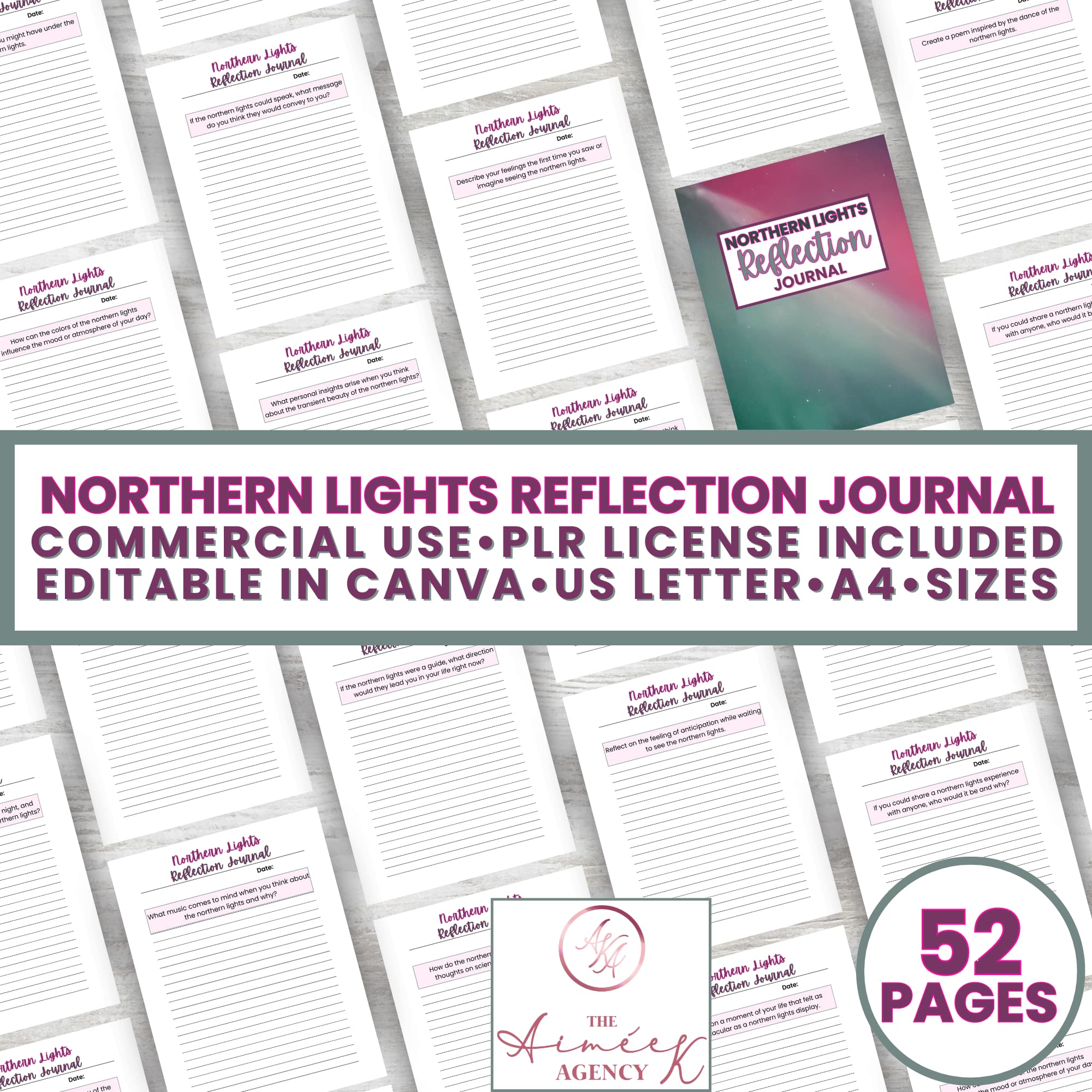 Image showing pages of the "Northern Lights Reflection Journal." Features include commercial use, PLR license, editable in Canva, available in US Letter and A4 sizes. Total of 52 pages.