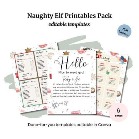 Naughty Elf Printables Pack from Snazzy Designs with six editable templates including elf reports and ideas, designed in Canva