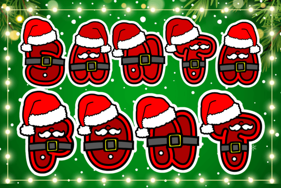 Cartoon letters wearing Santa hats and belts on a green background with festive lights.