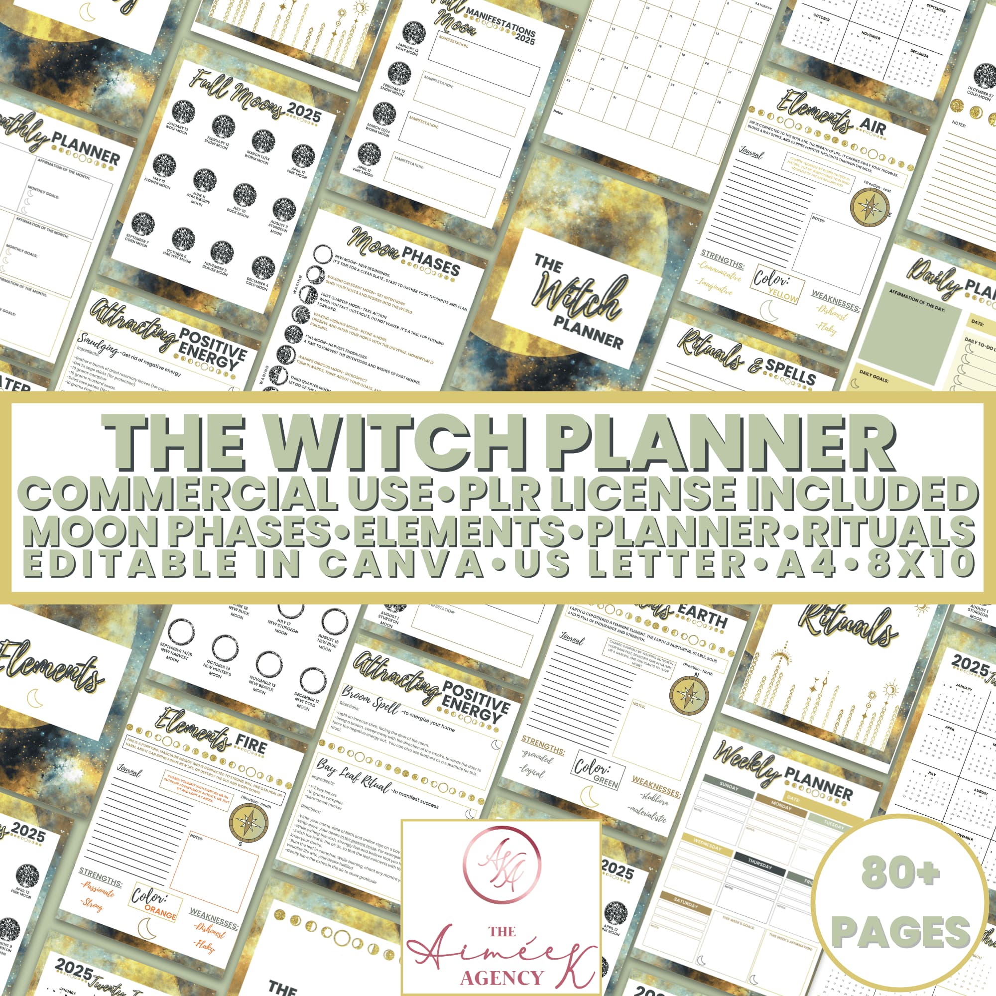 A collage of pages from "The Witch Planner," featuring moon phases, elements, rituals, and more. Includes commercial use, PLR license, and is editable in Canva. Over 80 pages.