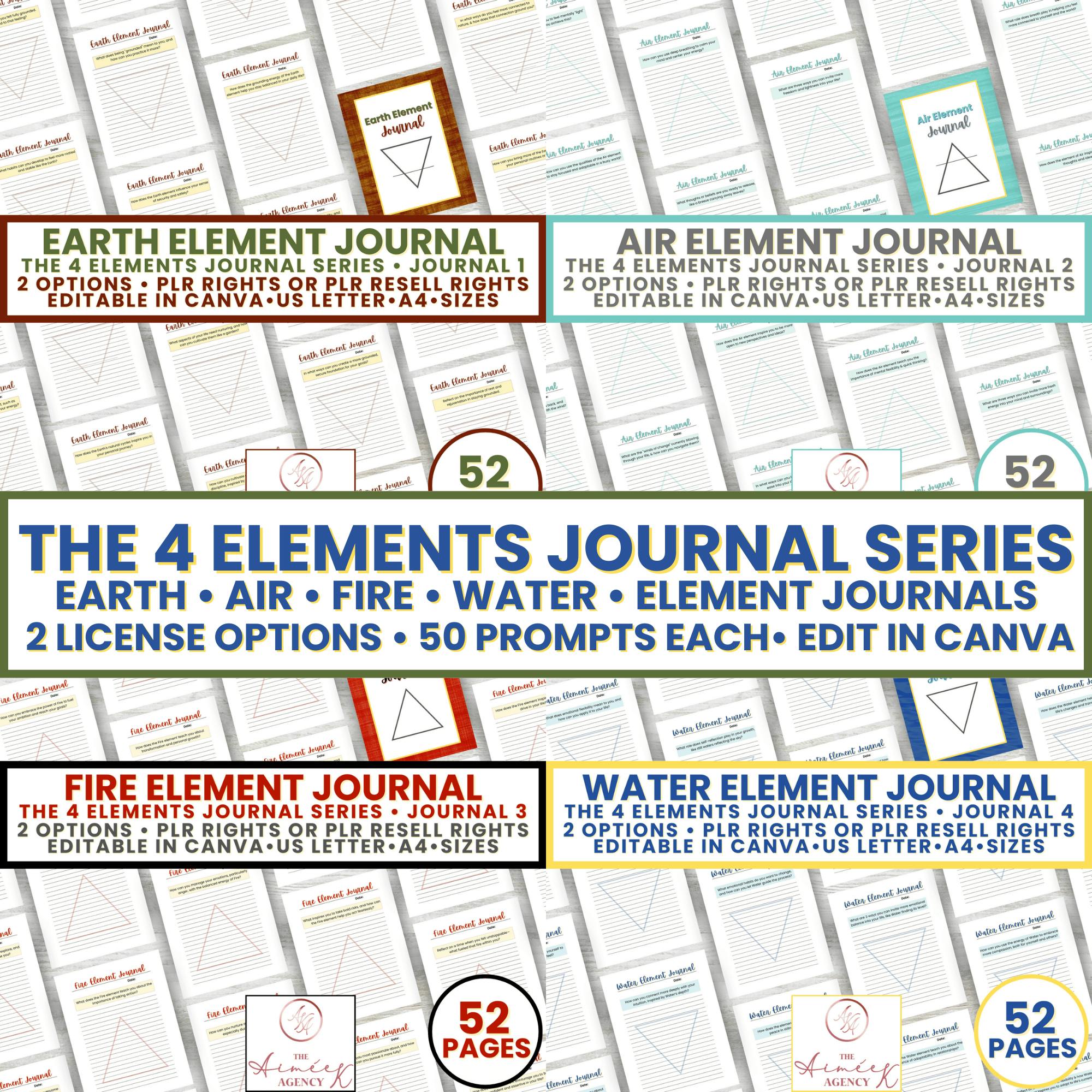 Collage of journal covers titled "The 4 Elements Journal Series" in sections: Earth, Air, Fire, Water. Includes details on pages, prompts, and editing options.