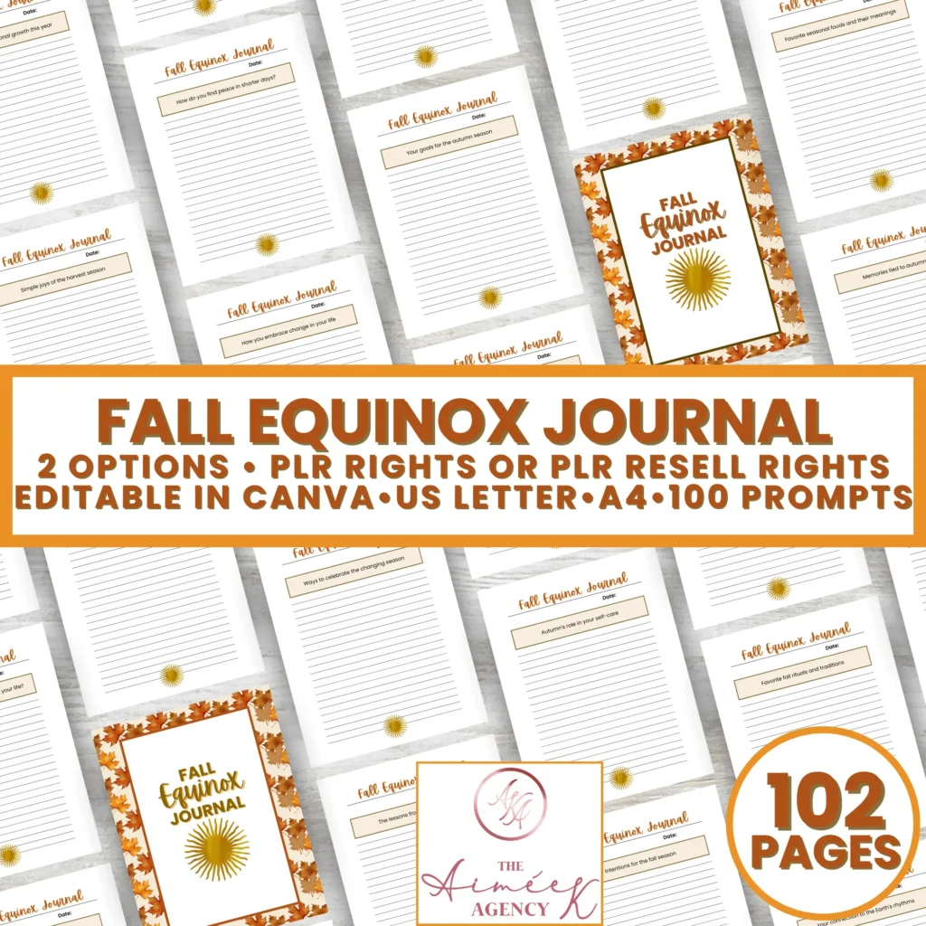 Image of "Fall Equinox Journal" promotional material showing multiple pages and a cover with autumn leaves. Text highlights editable options, PLR rights, and 100 prompts, totaling 102 pages.