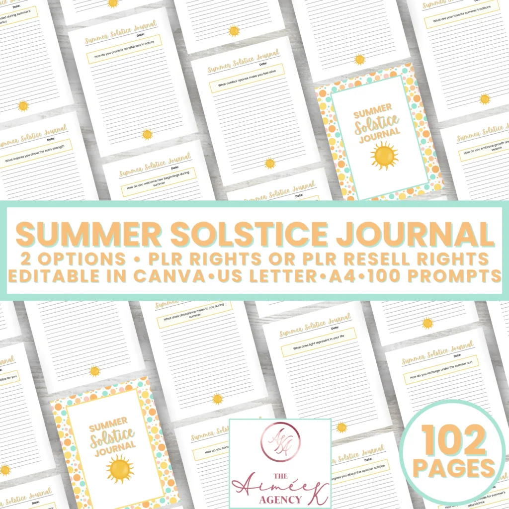 Image of a promotional graphic for a "Summer Solstice Journal." It mentions 102 pages, PLR rights, editable in Canva, and features a repeating design of journal covers and pages.