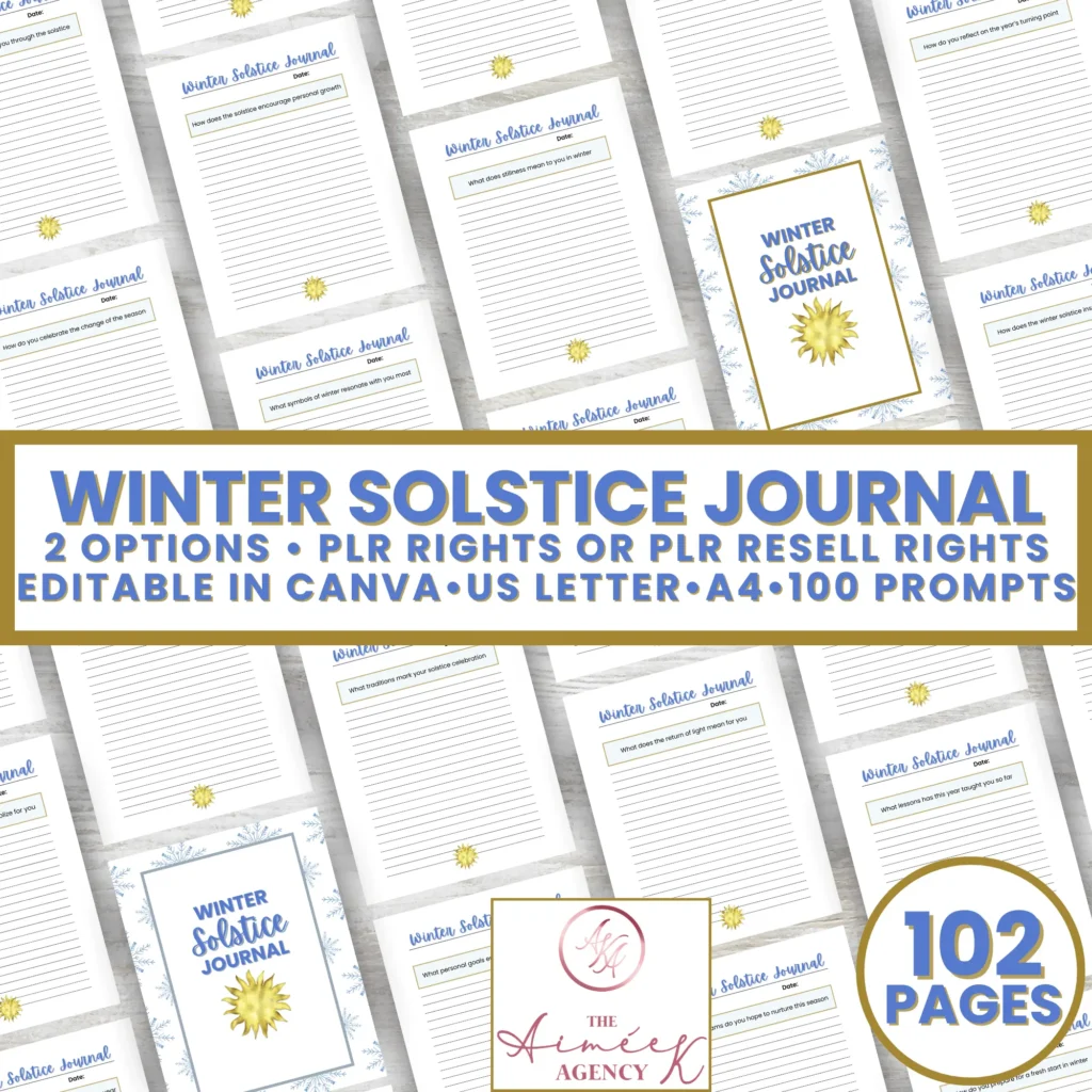 A winter solstice journal cover and multiple open pages with a sun design. Text highlights PLR rights, editable in Canva, available in US Letter and A4 sizes, with 100 prompts and 102 pages.