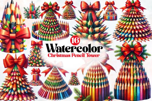 Colorful Christmas tree shapes made from stacked colored pencils, each topped with a red bow and greenery, with the text "16 Watercolor Christmas Pencil Tower" in the center.