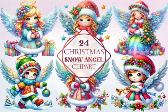 Colorful Christmas-themed snow angel illustrations with wings, halos, and festive outfits holding various holiday items. Text in the center reads, "24 Christmas Snow Angel Clipart.