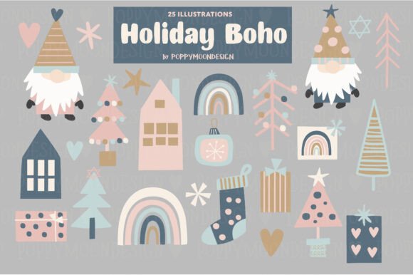 Colorful boho holiday illustrations including gnomes, trees, stockings, gifts, rainbows, and stars, with a pastel color scheme on a gray background.