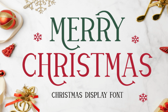 Festive image with the words "Merry Christmas" in decorative font, surrounded by holiday ornaments like baubles, bows, and musical notes on a white background.