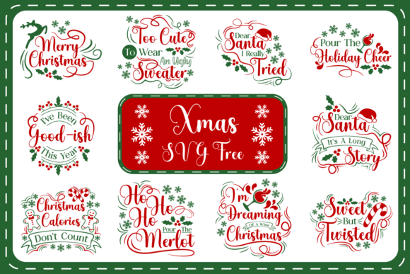 Festive Christmas graphic featuring various holiday-themed phrases and decorative designs in red and green.