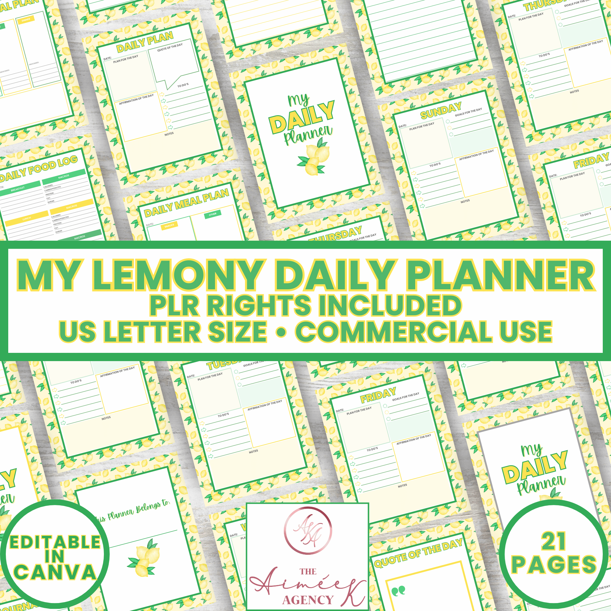 Image of "My Lemony Daily Planner" with lemon-themed pages. Includes PLR rights, US letter size, commercial use, 21 pages, and editable in Canva. Central pink and white logo at the bottom.