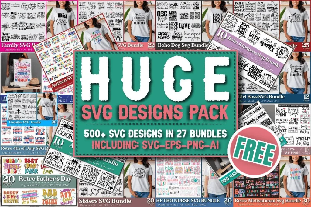 Collage of various SVG design packs, featuring themes like family and retro. Central text highlights over 500 designs in 27 bundles, providing formats such as SVG, EPS, PNG, and AI.