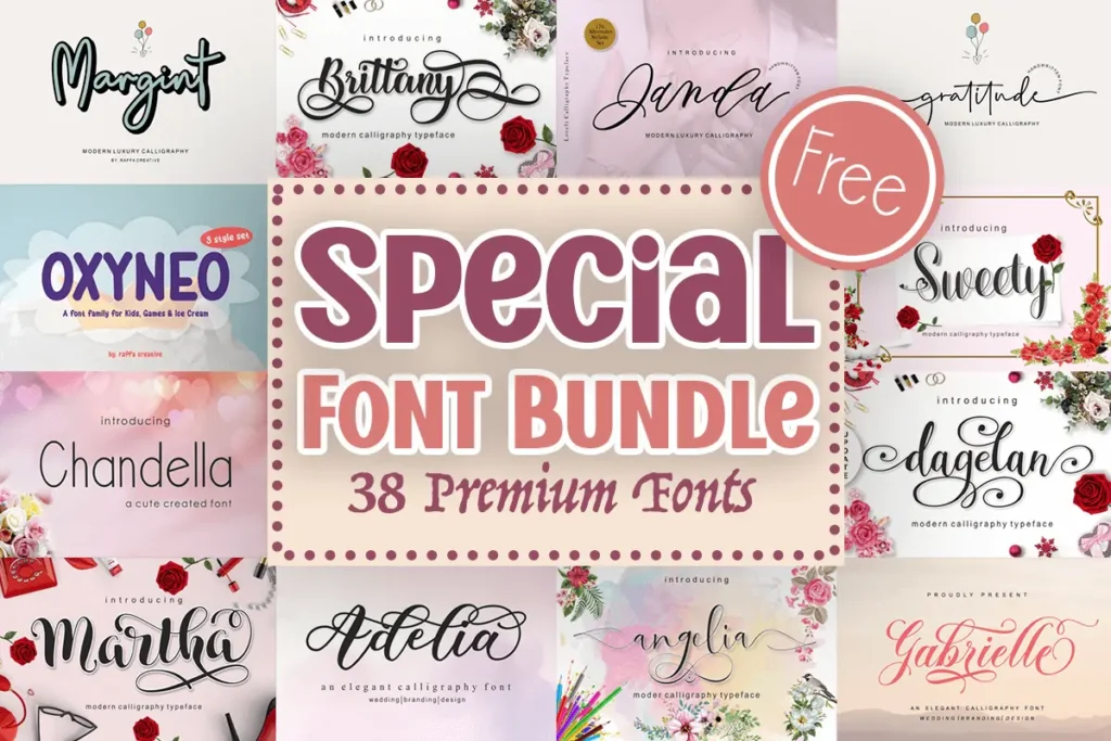 Advertisement for a special font bundle featuring 38 premium fonts with decorative text and floral designs. Includes a "Free" label in the top right corner.