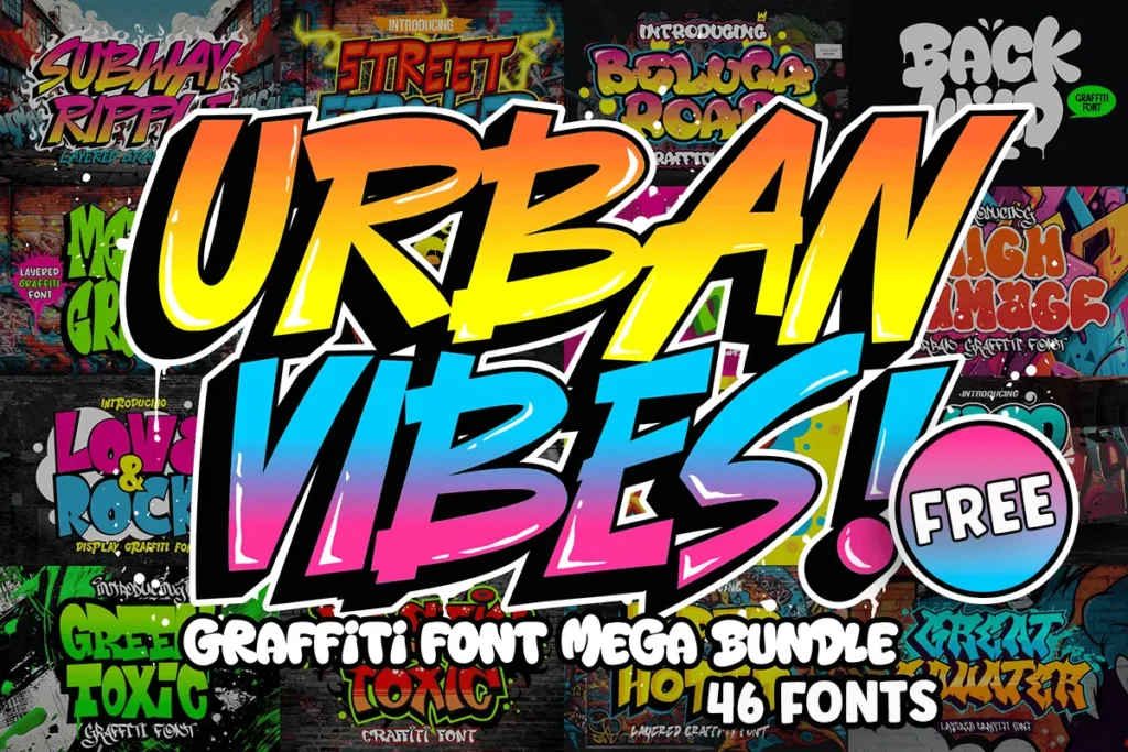 Colorful poster featuring "Urban Vibes!" as the main text, advertising a free graffiti font mega bundle with 46 fonts. Various graffiti-style fonts in the background.