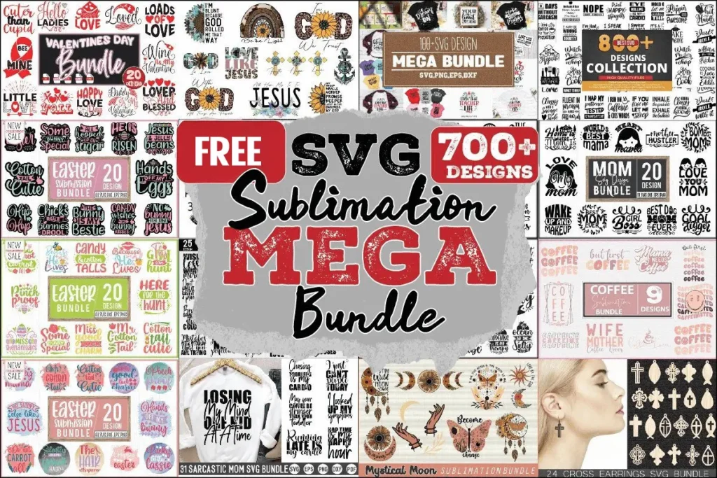 Collage of various SVG design bundles for holidays and themes like Easter and Valentine's Day, featuring items like earrings and typography. Central text advertises 700+ designs in a mega bundle.