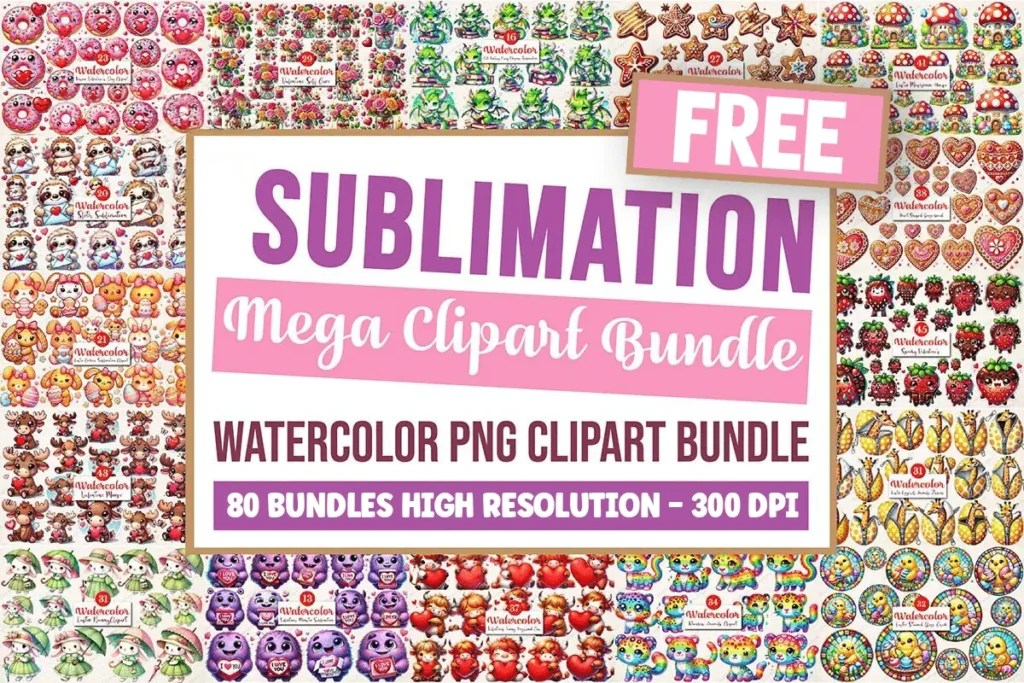 Free sublimation mega clipart bundle advertisement, featuring colorful watercolor PNG clipart designs, labeled as 80 bundles in high resolution at 300 DPI.