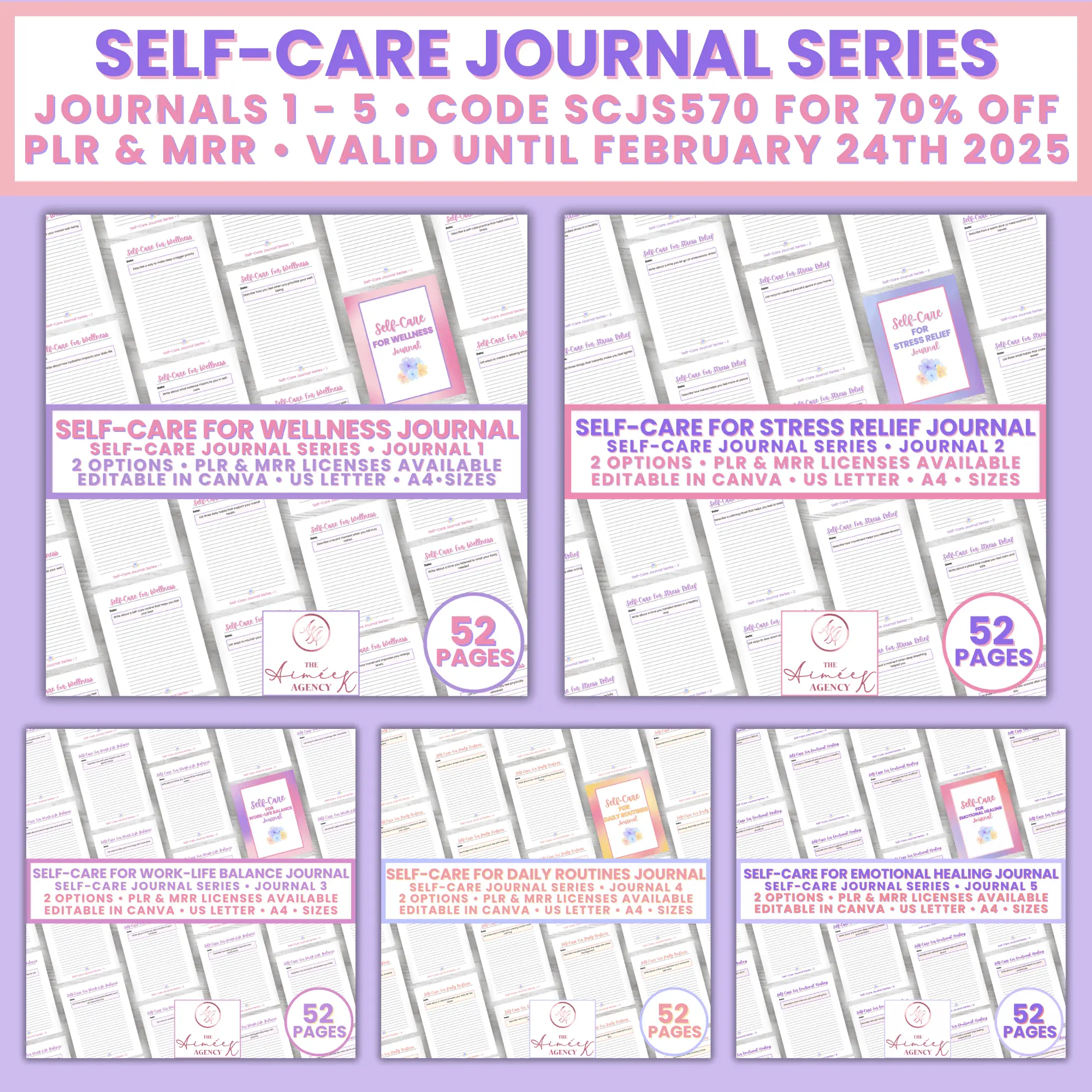 Self-Care Journal Series from The Aimee K Agency (me!), 70% off MRR & PLR until February 24th 2025