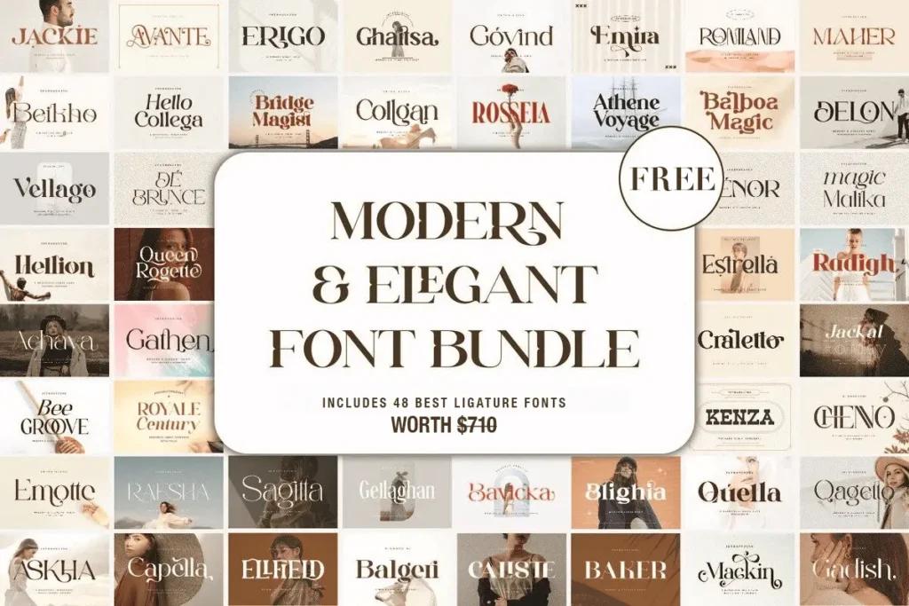 Collage of 48 font styles on a beige background with text: "Modern & Elegant Font Bundle. Free. Includes 48 best ligature fonts worth $740.