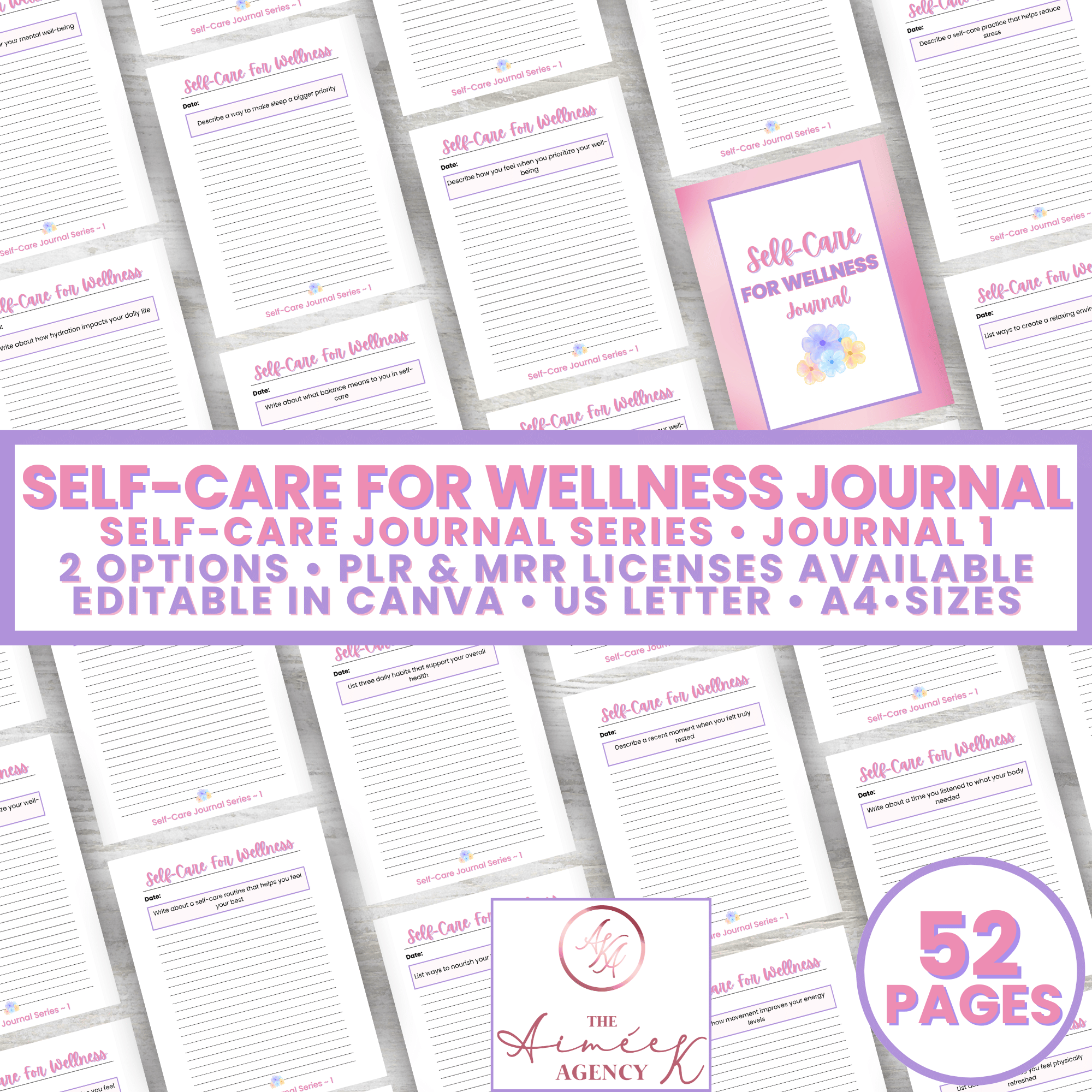 Collage of "Self-Care for Wellness Journal" pages with pink and purple text, offering PLR & MRR licenses, editable in Canva, available in US Letter and A4 sizes, 52 pages total.