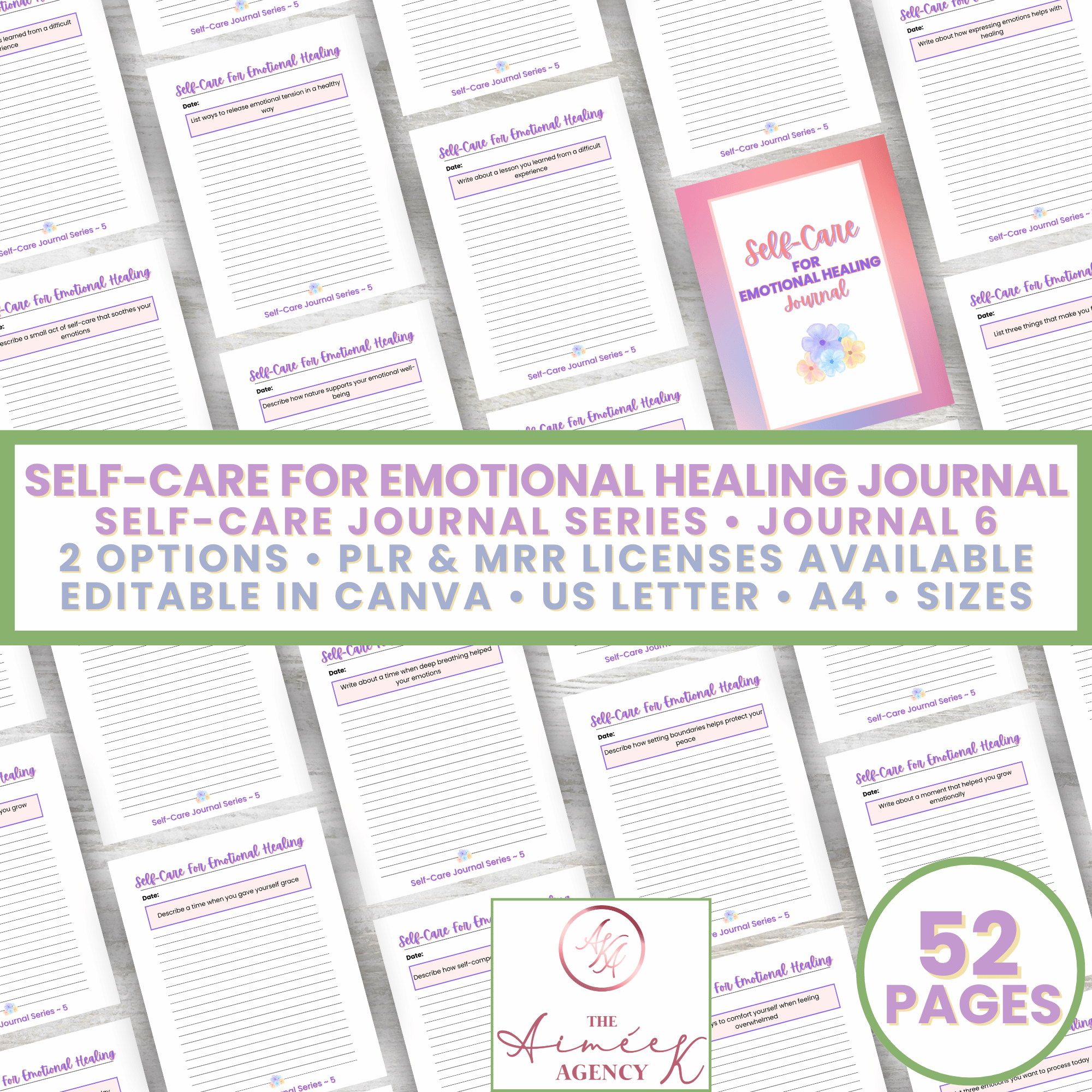 Image of a "Self-Care for Emotional Healing Journal" with editable pages in Canva. Available in 52 pages, US Letter, A4 sizes, two options, and licenses. Includes PLR and MRR options.