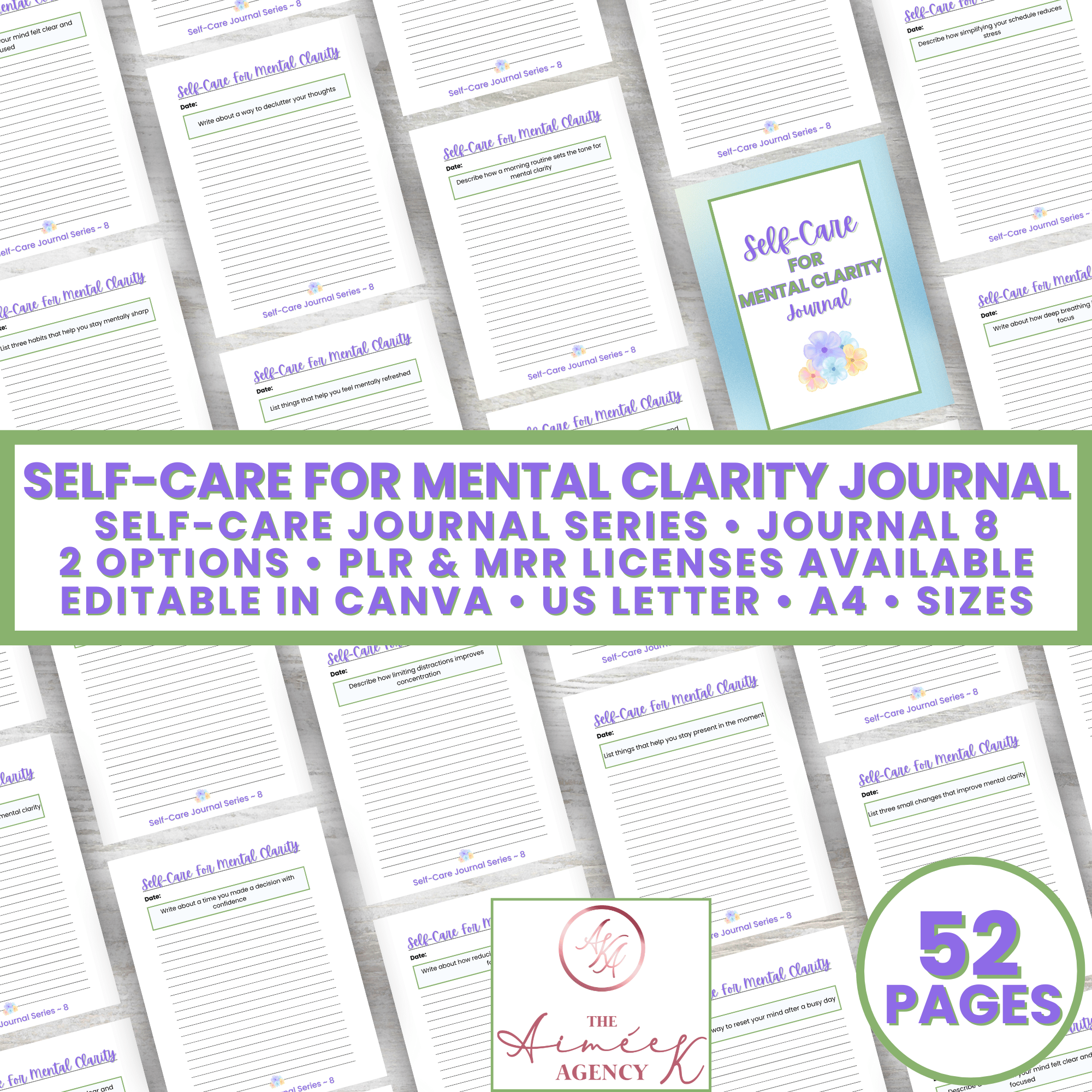 Cover and pages of a "Self-Care for Mental Clarity Journal" with 52 pages, available in US Letter and A4 sizes, featuring editable options in Canva.