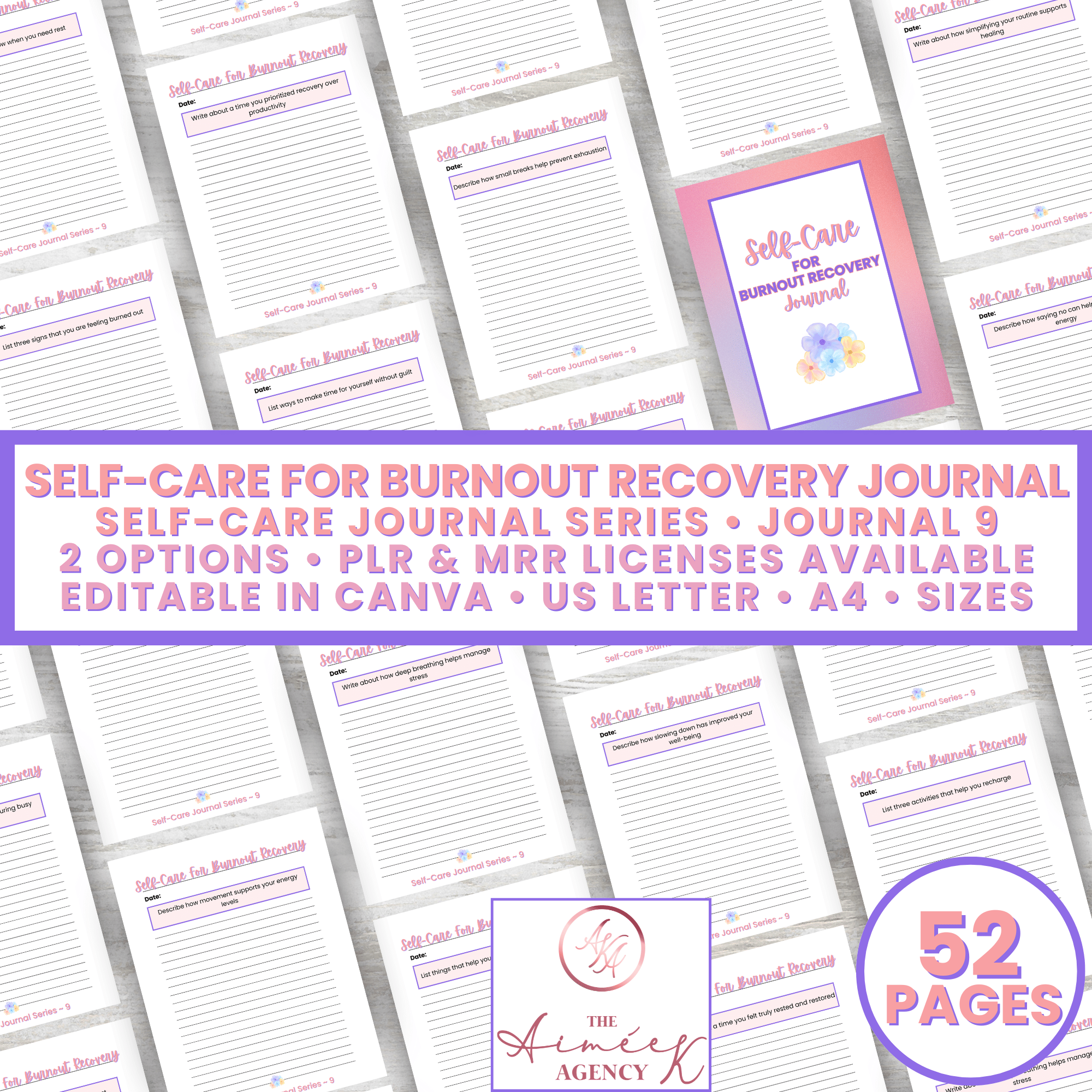 Image showing a "Self-Care for Burnout Recovery Journal" cover and pages. Includes text about options, licenses, and page count: 52 pages. Editable in Canva, US Letter, A4 sizes.