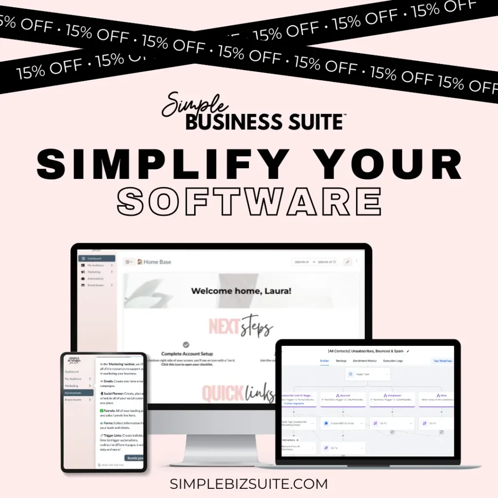 Simple Business Suite promo: "Simplify Your Software" with 15% off. Features software dashboard on desktop, tablet, and phone screens. Website: simplebizsuite.com.