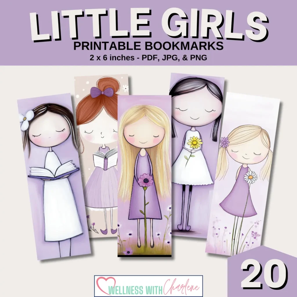 Illustrated bookmarks with cute girls in purple dresses, each holding a flower. Includes 20 printable bookmarks in PDF, JPG, and PNG formats.