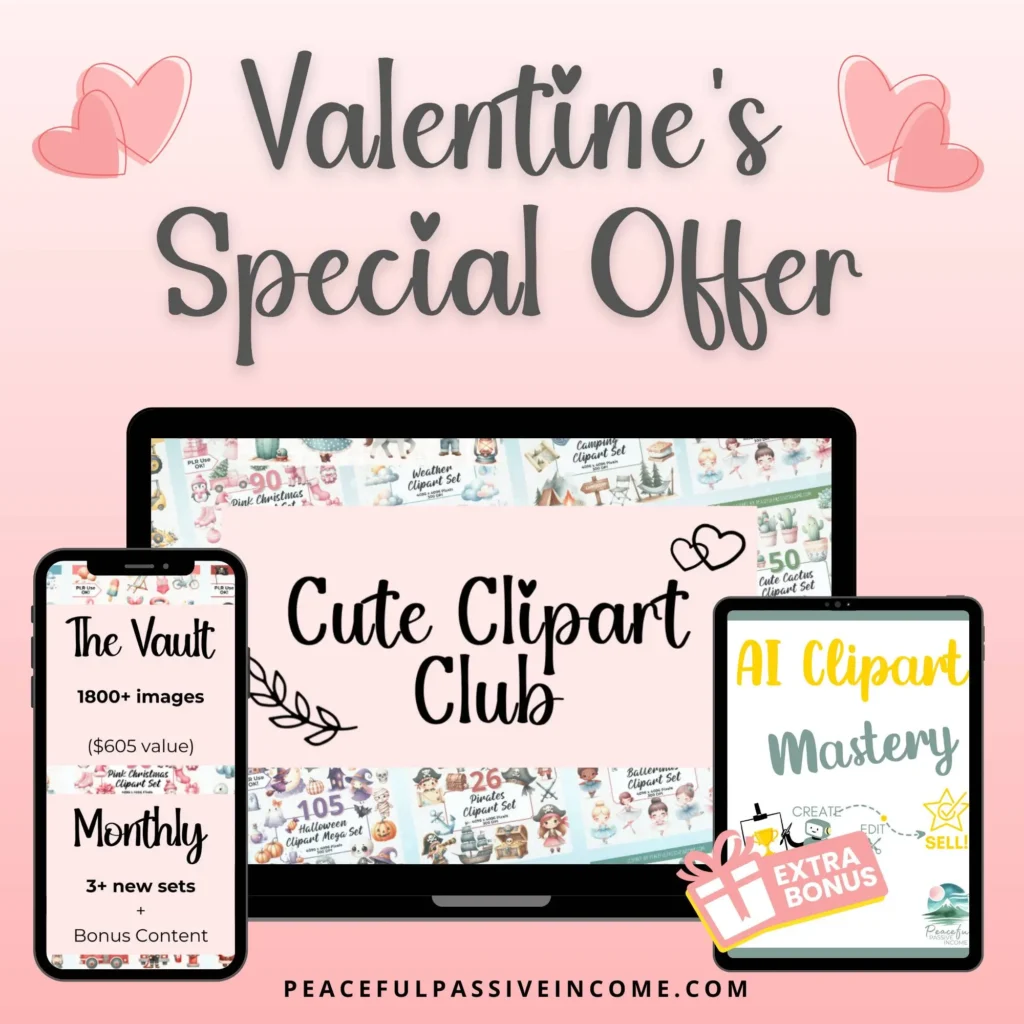 Cute Clipart Club from Peaceful Passive Income, only $150/year plus AI Clipart Mastery course bonus, available until February 21st 2025