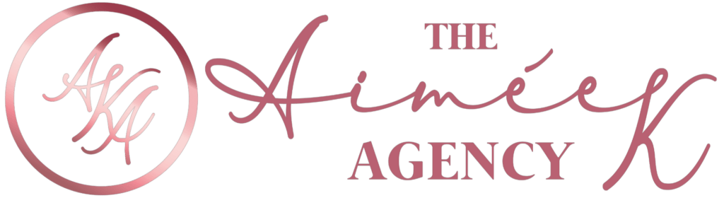 Logo with a pink circular emblem on the left containing "AK" intertwined. To the right, it reads "The Aimée K Agency" in elegant script on a black background.