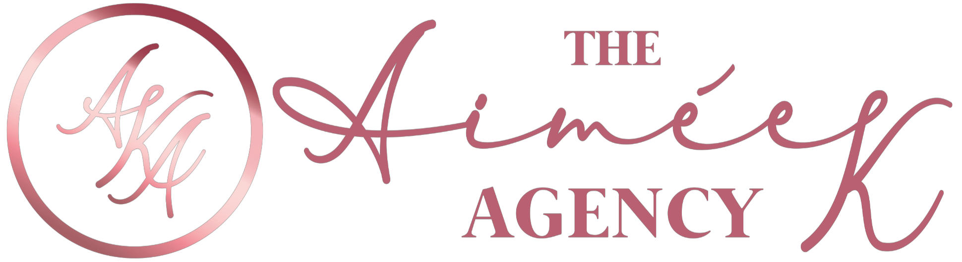 Logo with a pink circular emblem on the left containing "AK" intertwined. To the right, it reads "The Aimée K Agency" in elegant script on a black background.