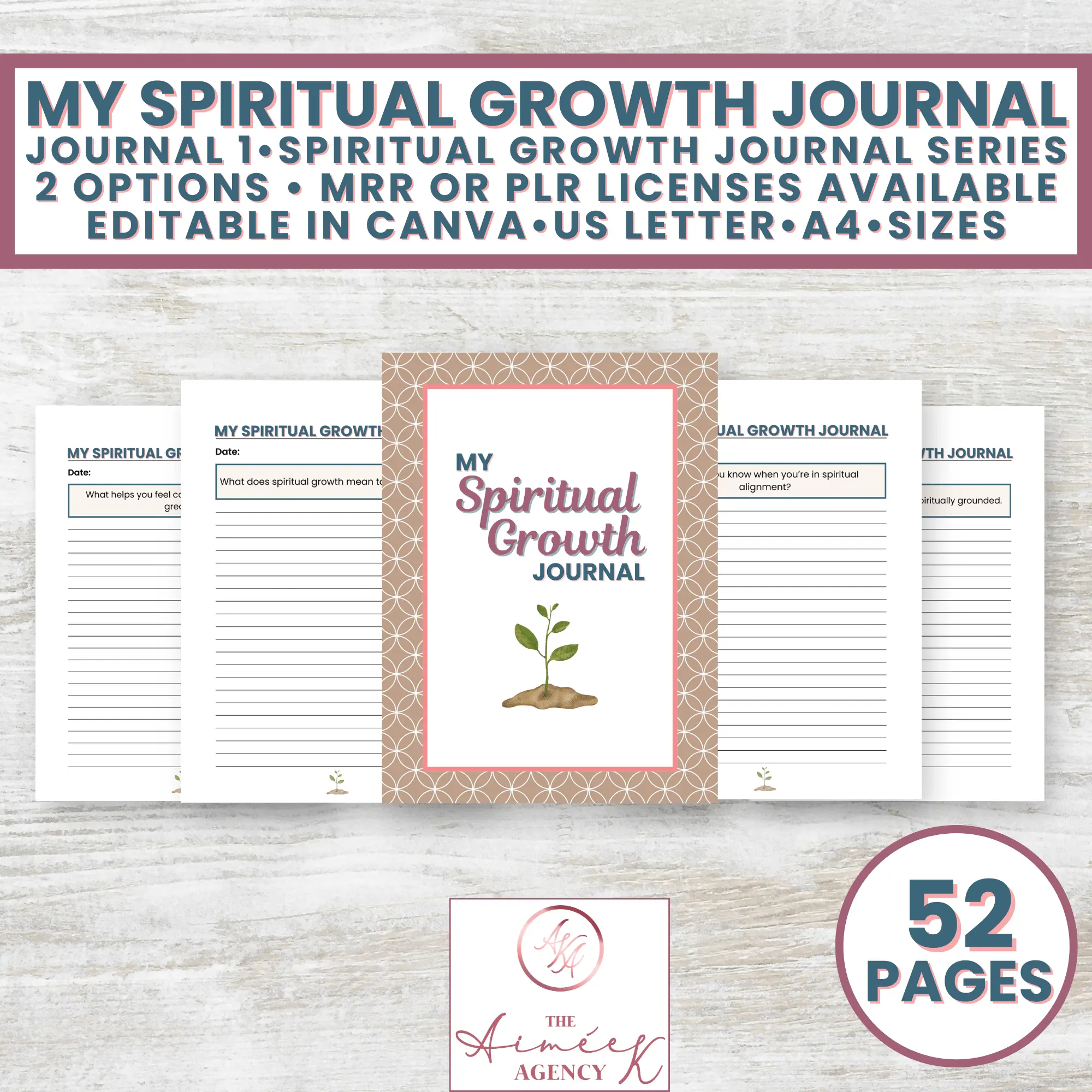 A five-page preview of "My Spiritual Growth Journal" is shown, featuring lined pages and a cover with a sprouting plant. The journal includes 52 pages and is editable in Canva.