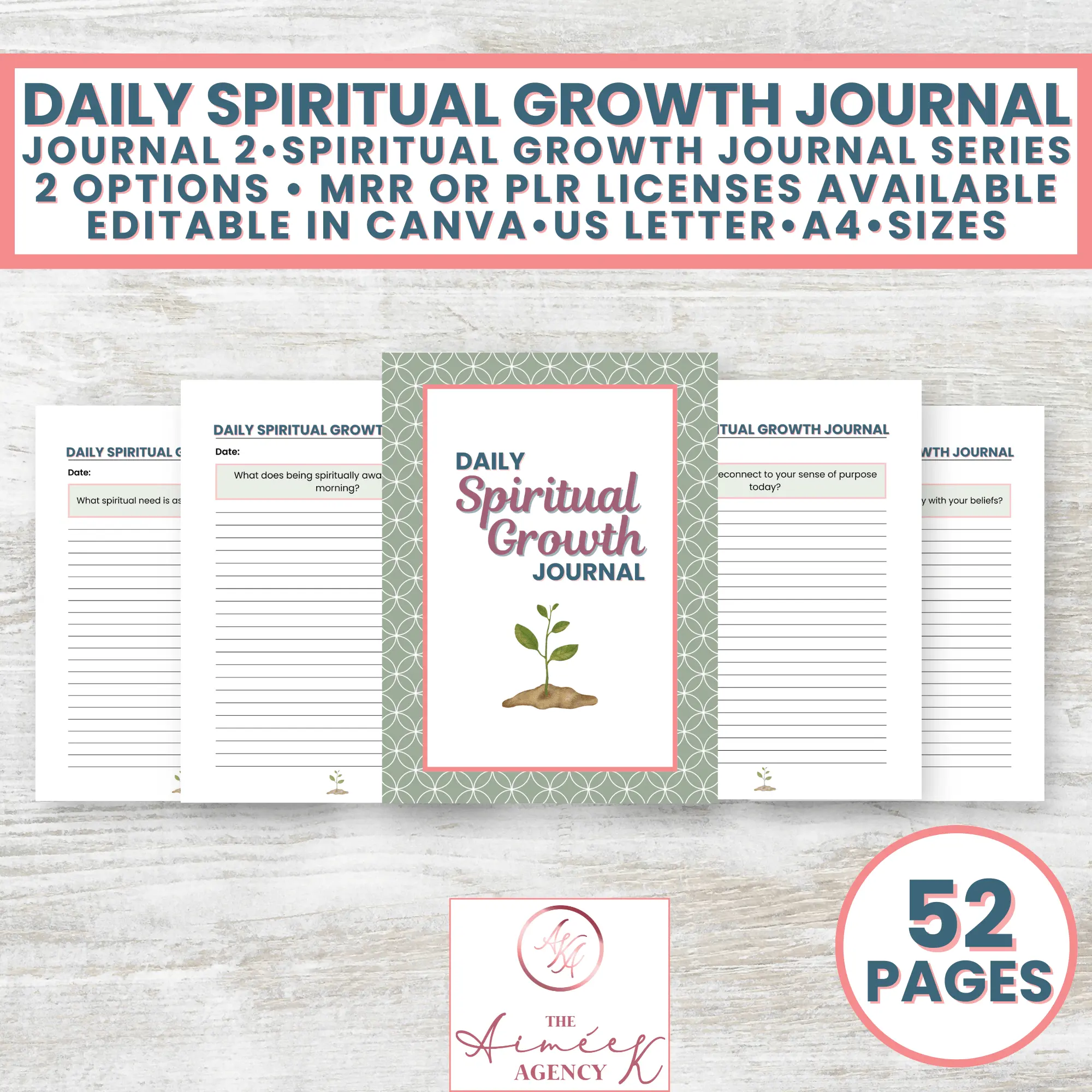 Image displaying the "Daily Spiritual Growth Journal" cover with sample inner pages, highlighting features such as 52 pages, editable formats, and licensing options.