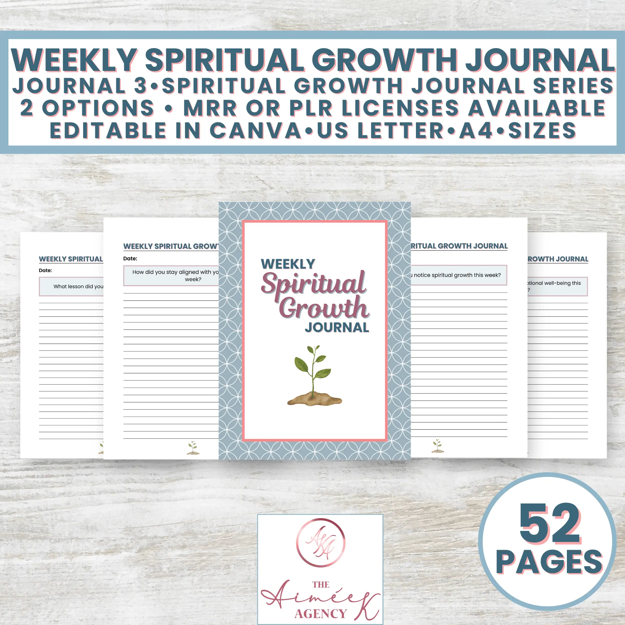 Preview of a weekly spiritual growth journal showing five sample pages, cover, and details about licenses, editability in Canva, US Letter and A4 sizes, and the total of 52 pages.