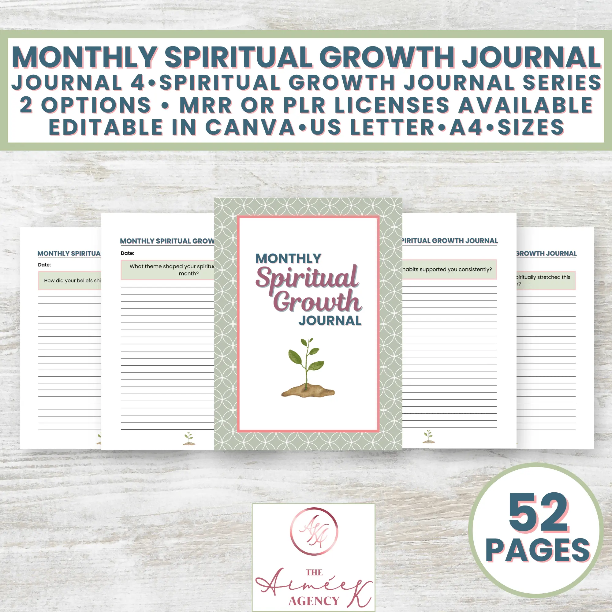 Monthly Spiritual Growth Journal with 52 pages shown in various layouts, featuring editable options and licensing details; includes seedling graphic on the cover.