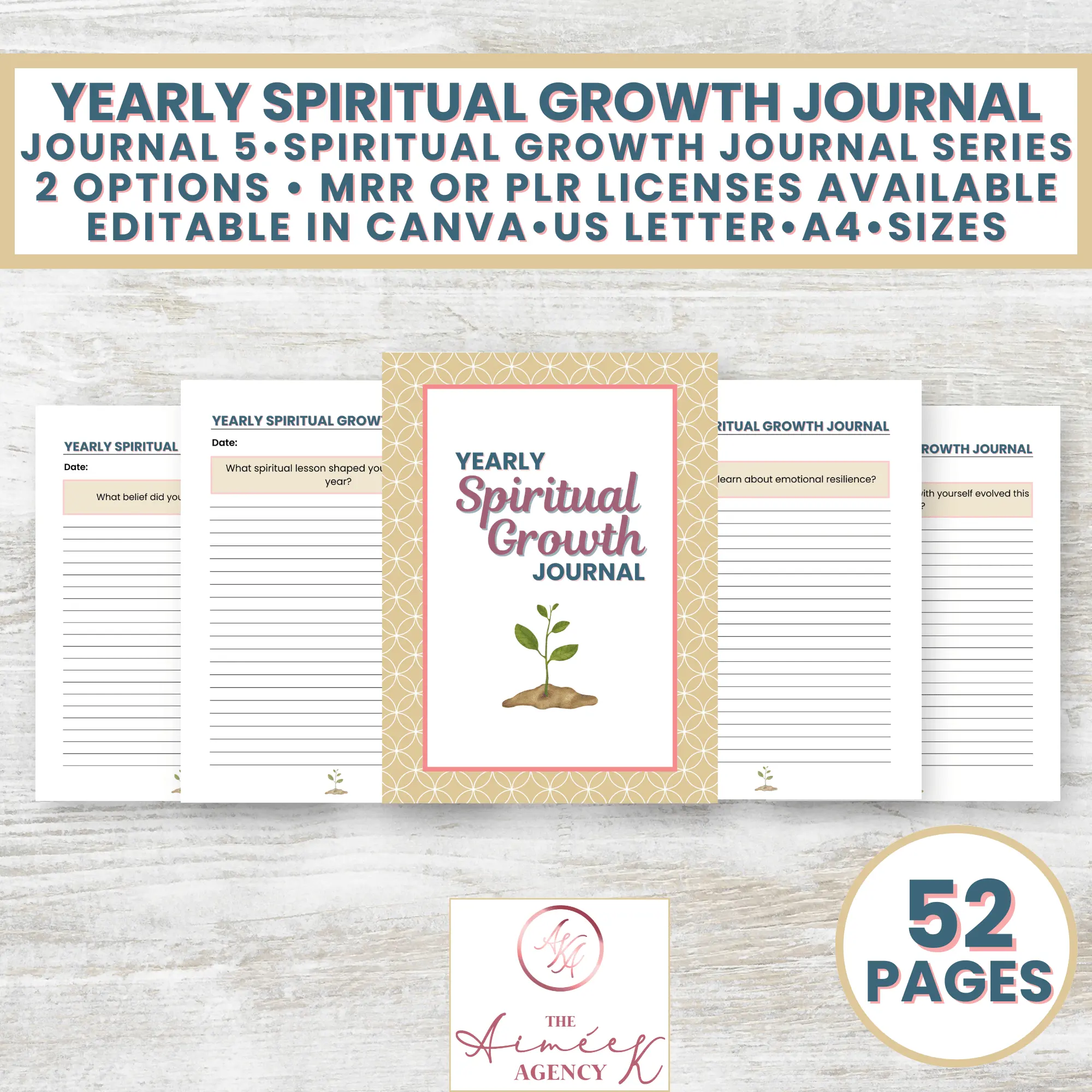 Image showing a "Yearly Spiritual Growth Journal" with 52 pages, available in US Letter and A4 sizes, editable in Canva, and offered with MRR or PLR licenses. Five sample pages are displayed.