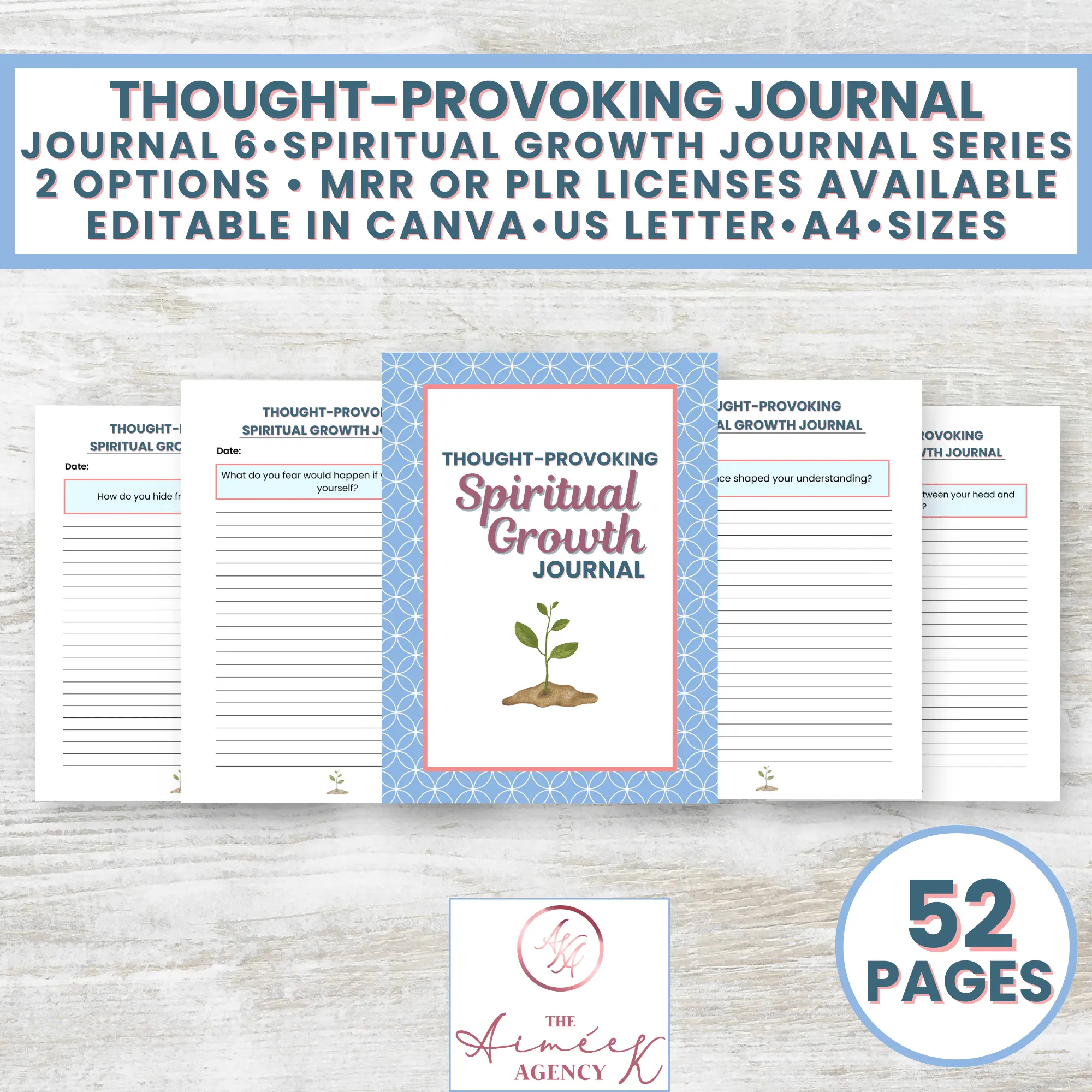 Image displaying the "Thought-Provoking Spiritual Growth Journal" with 52 pages, available in two options, editable in Canva, in US Letter and A4 sizes.